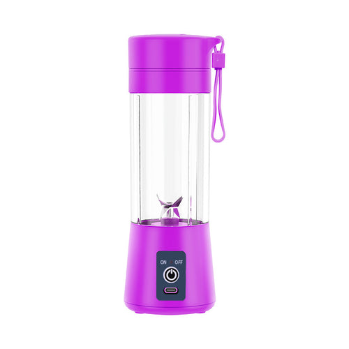 Purple portable blender with clear cup, wrist strap and six-blade base