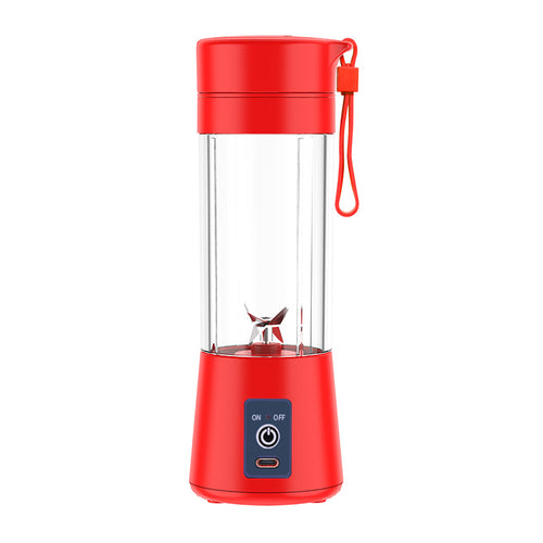 Red portable blender with clear cup, carry strap and power button