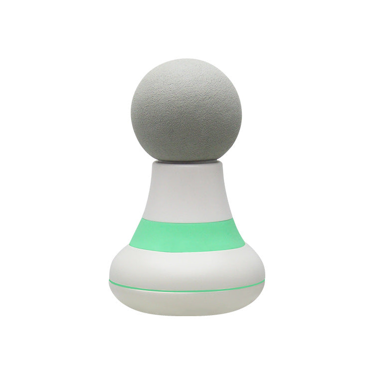 Grey and mint mini massager with round foam head, on white background