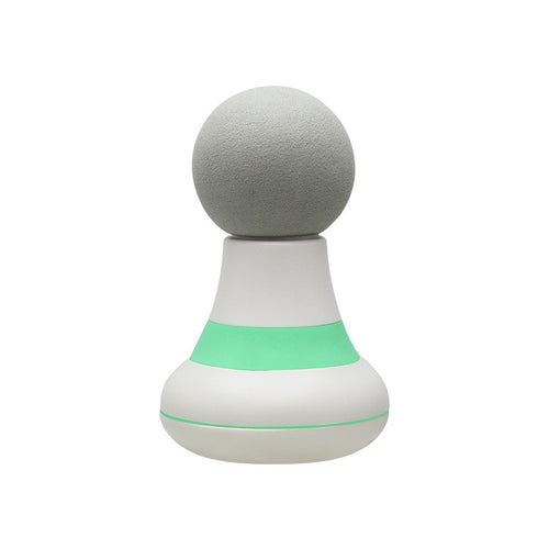 Grey and mint mini massager with round foam head, on white background