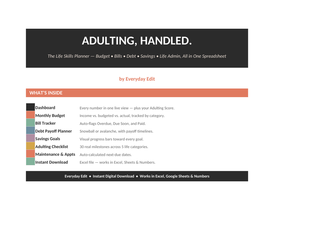 Adulting Life Skills Planner (Excel)