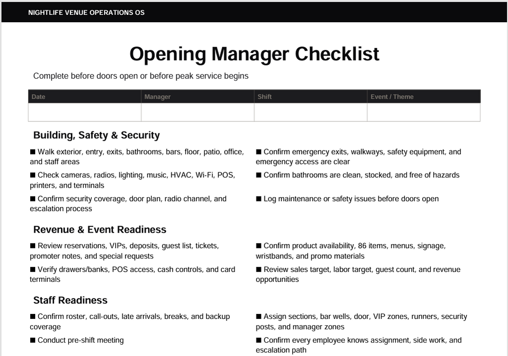 Nightlife Venue Operations OS — Full Template Suite