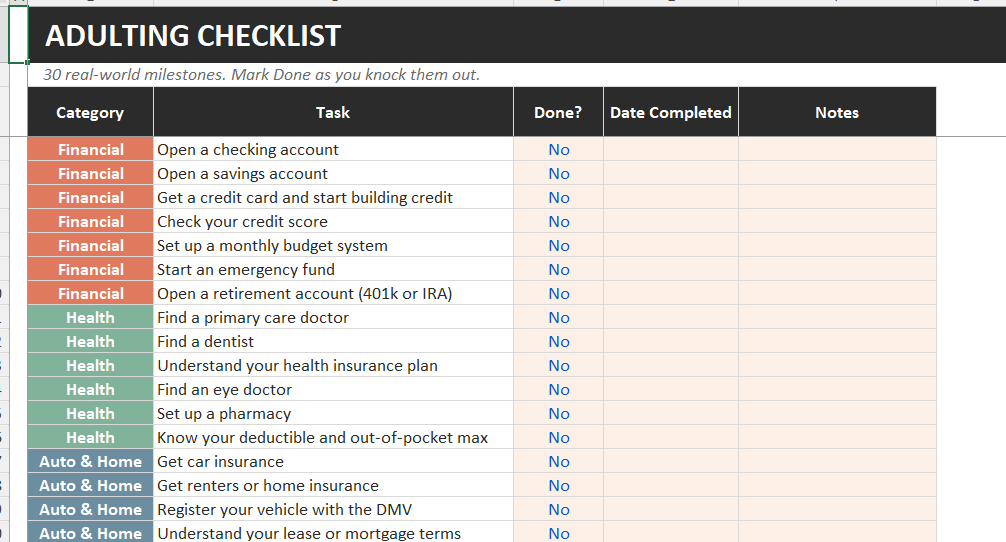 Adulting Life Skills Planner (Excel)