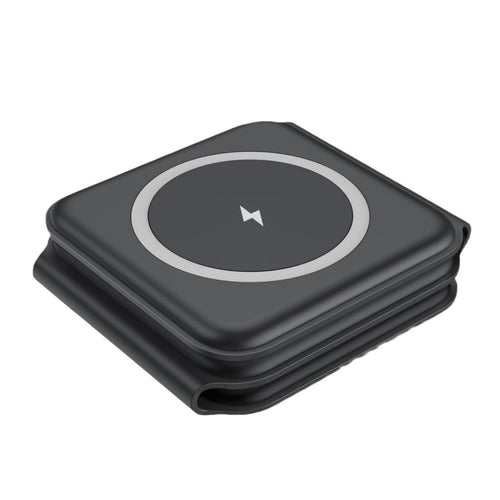 Black 3-in-1 charging station folded flat and closed for travel
