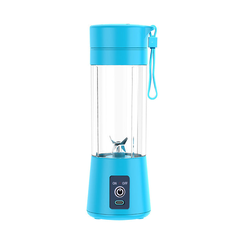 Light blue portable blender with clear cup and carry strap