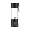 Black portable blender with clear cup, strap and six-blade base