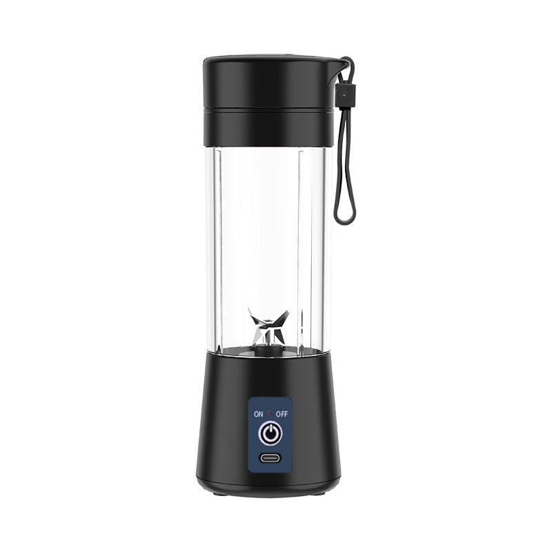 Black portable blender with clear cup, strap and six-blade base